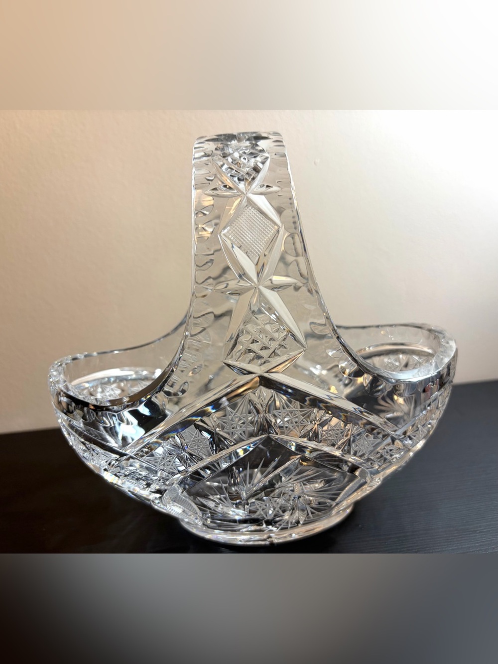 ✨Vintage Czech Bohemian Heavy Cut Lead Crystal Basket Bowl Pinwheel & Starburst
